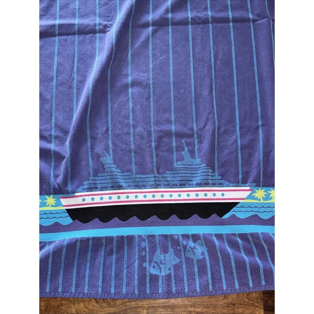 VTG 90s Beach Pool Towel Boats Nautical Colorful Cruise Ship Cotton Palm Cove